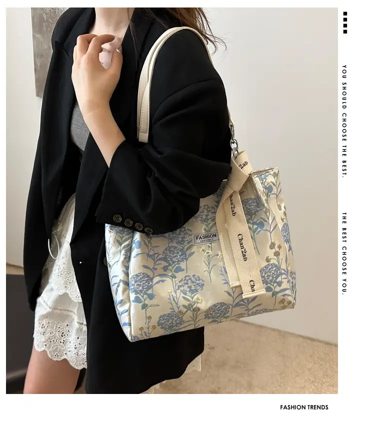 Women's Blue Floral Shoulder Bag with Ribbon — feature 1