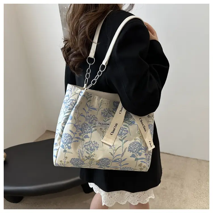 Women's Blue Floral Shoulder Bag with Ribbon — feature 10