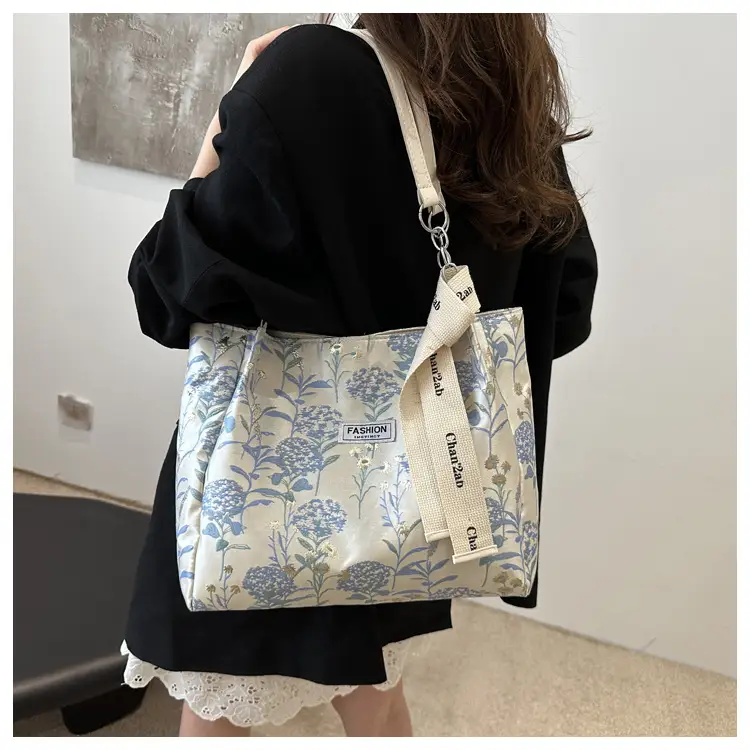 Women's Blue Floral Shoulder Bag with Ribbon — feature 11