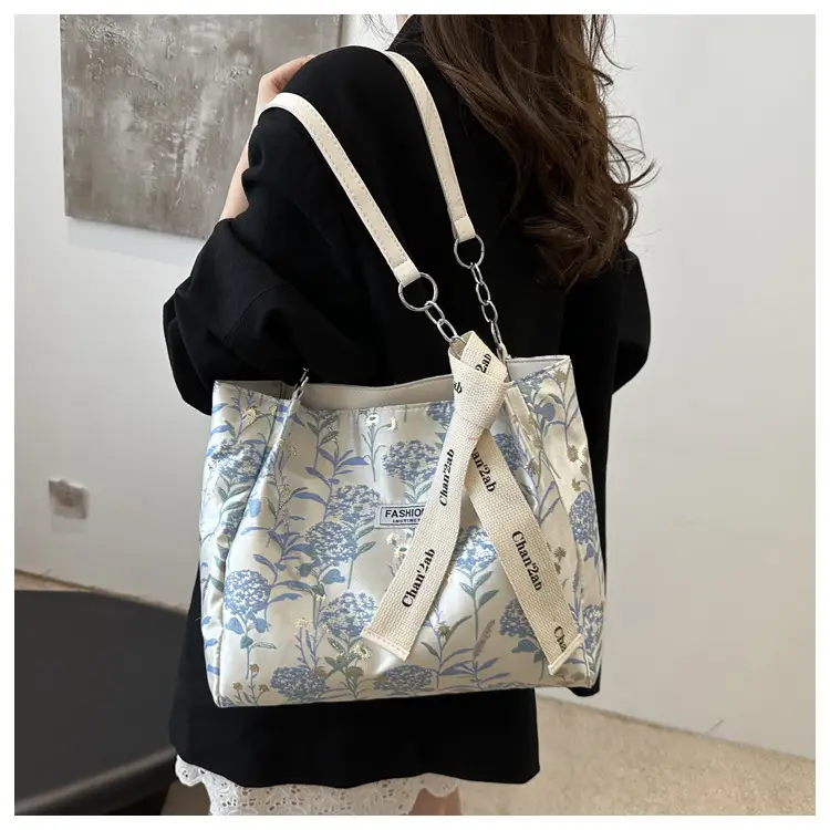 Women's Blue Floral Shoulder Bag with Ribbon — feature 12