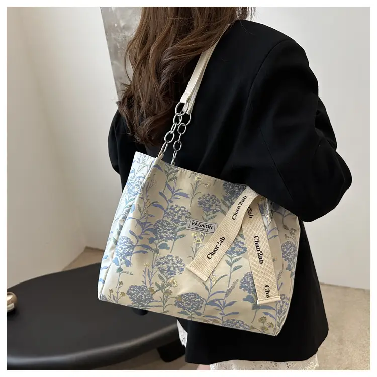 Women's Blue Floral Shoulder Bag with Ribbon — feature 13