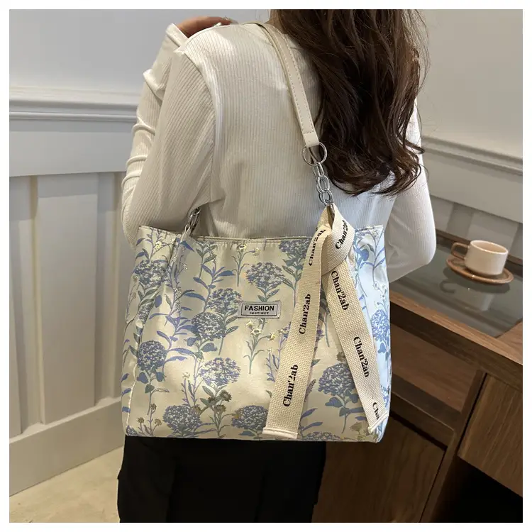 Women's Blue Floral Shoulder Bag with Ribbon — feature 14