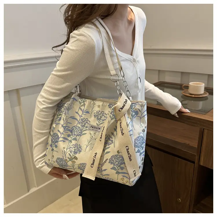 Women's Blue Floral Shoulder Bag with Ribbon — feature 15
