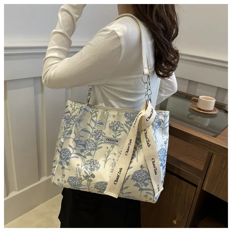 Women's Blue Floral Shoulder Bag with Ribbon — feature 16