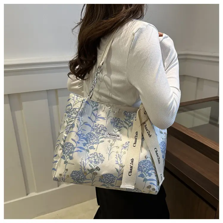 Women's Blue Floral Shoulder Bag with Ribbon — feature 18