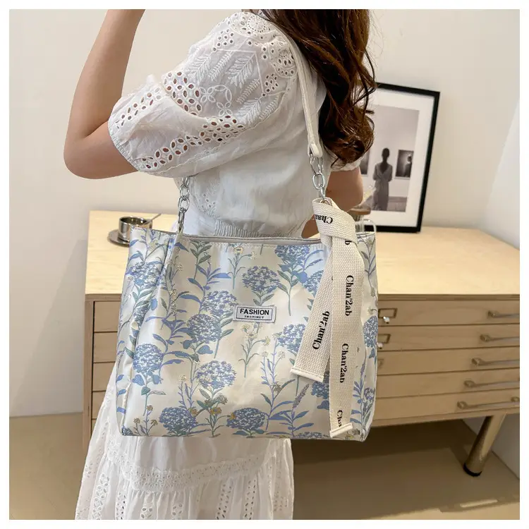 Women's Blue Floral Shoulder Bag with Ribbon — feature 19