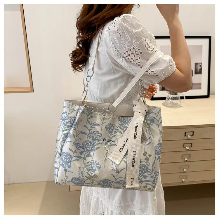Women's Blue Floral Shoulder Bag with Ribbon — feature 21