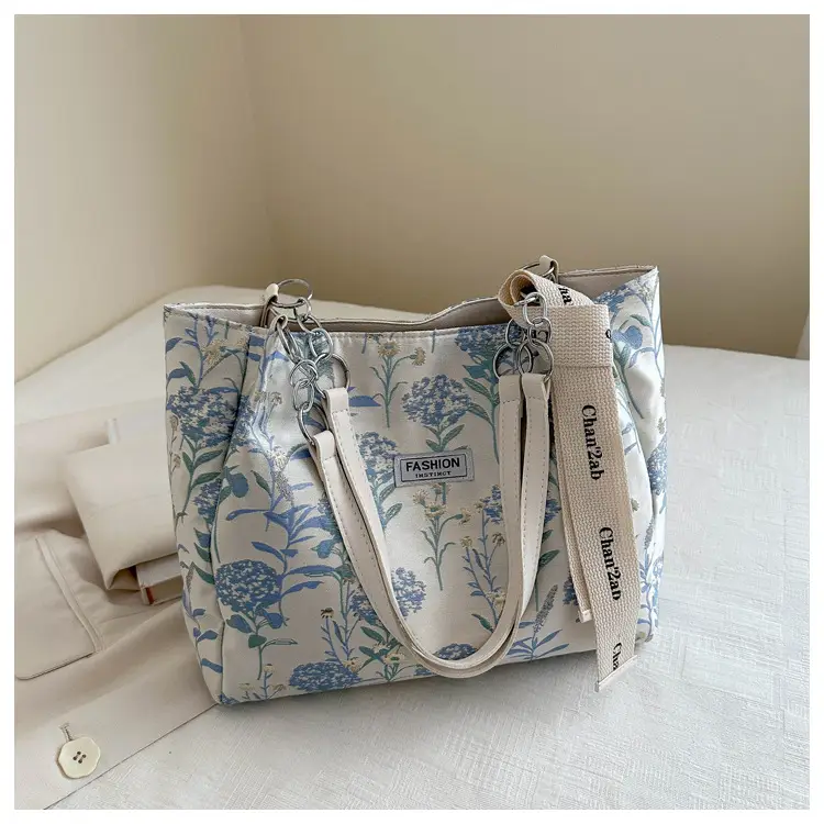 Women's Blue Floral Shoulder Bag with Ribbon — feature 22
