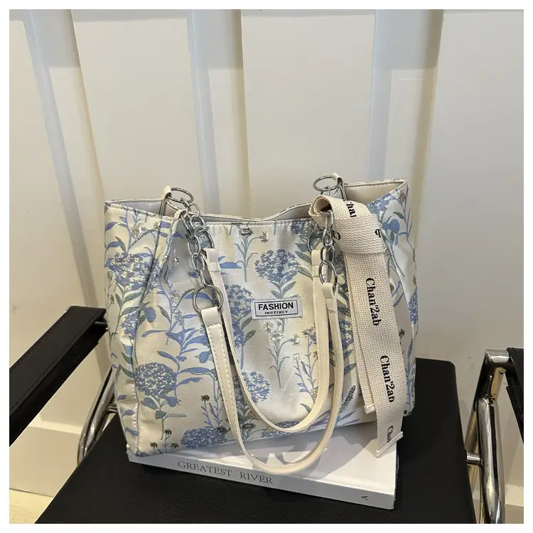 Women's Blue Floral Shoulder Bag with Ribbon — feature 23