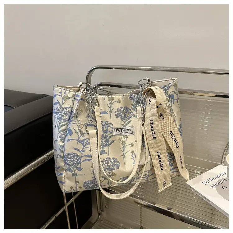 Women's Blue Floral Shoulder Bag with Ribbon — feature 24