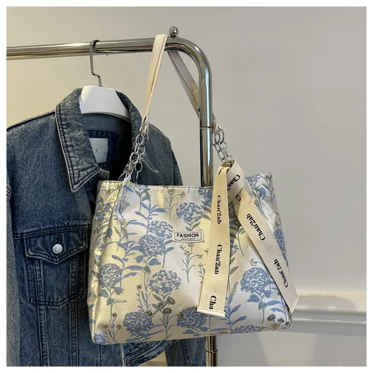 Women's Blue Floral Shoulder Bag with Ribbon — feature 25