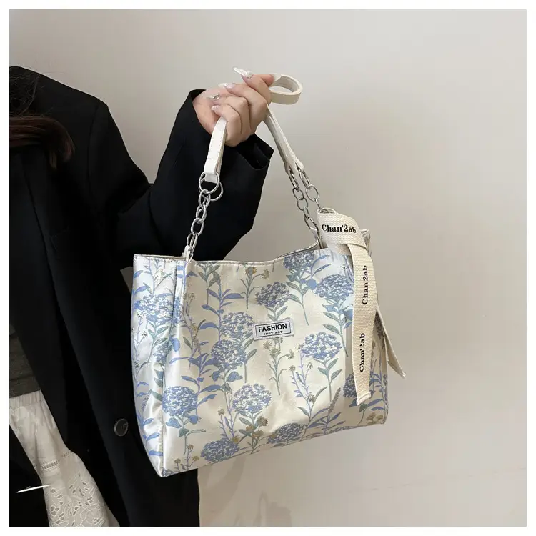 Women's Blue Floral Shoulder Bag with Ribbon — feature 9