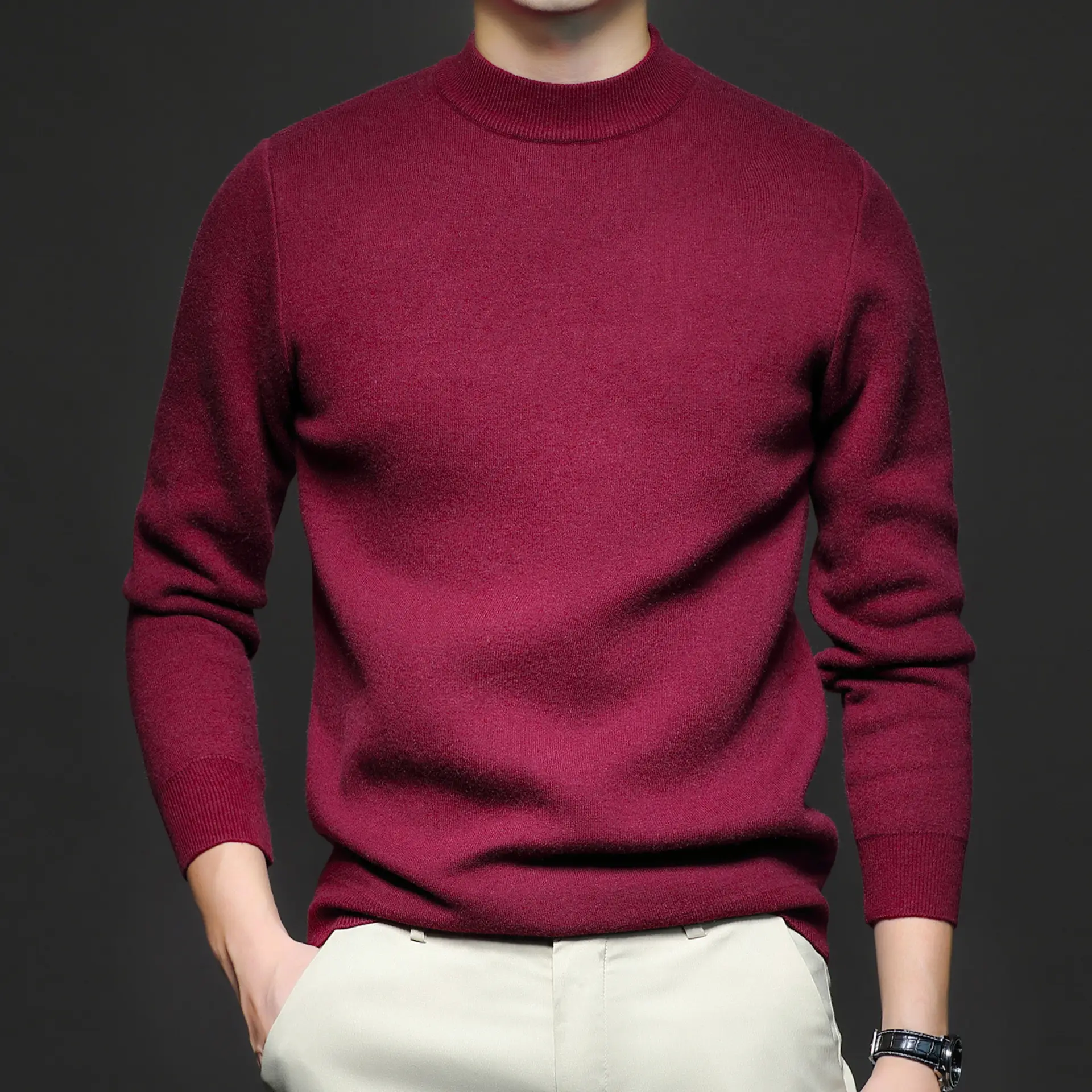 Men's Navy Slim Fit Semi-High Collar Sweater - Image 2