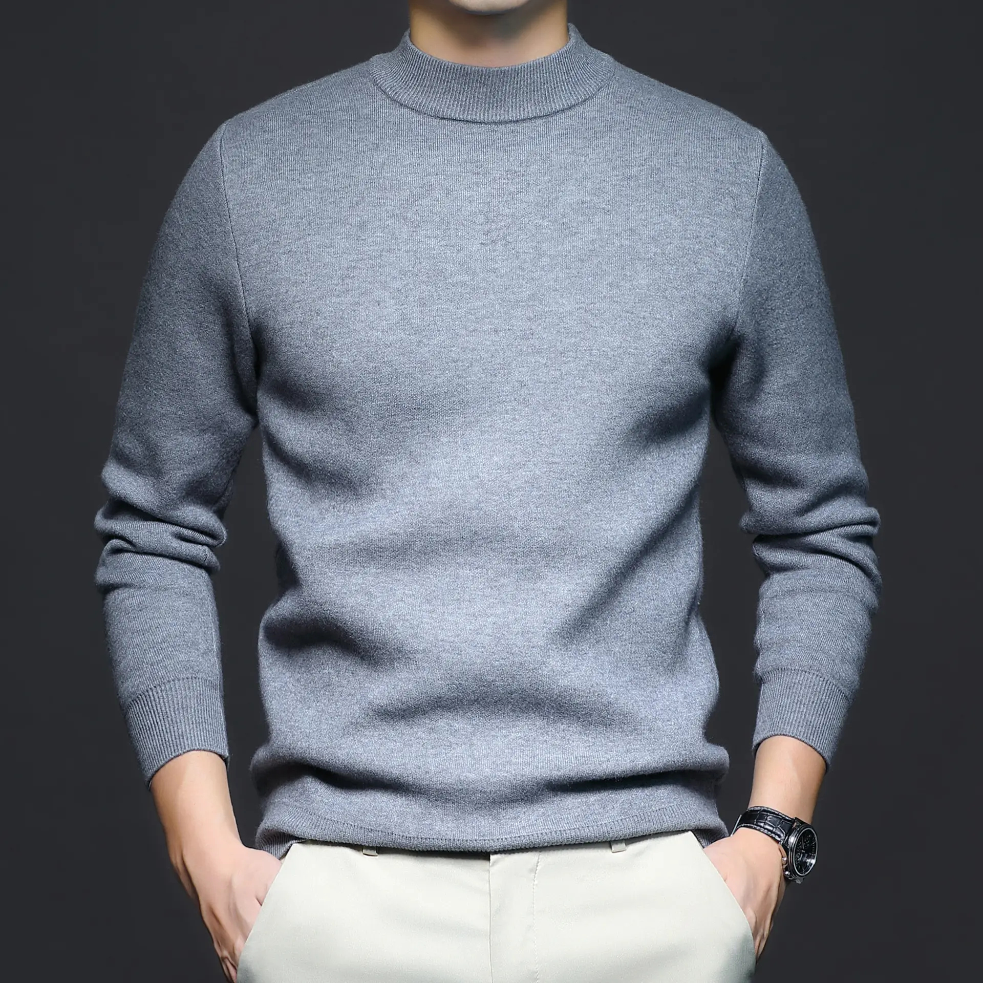 Men's Navy Slim Fit Semi-High Collar Sweater — feature 10