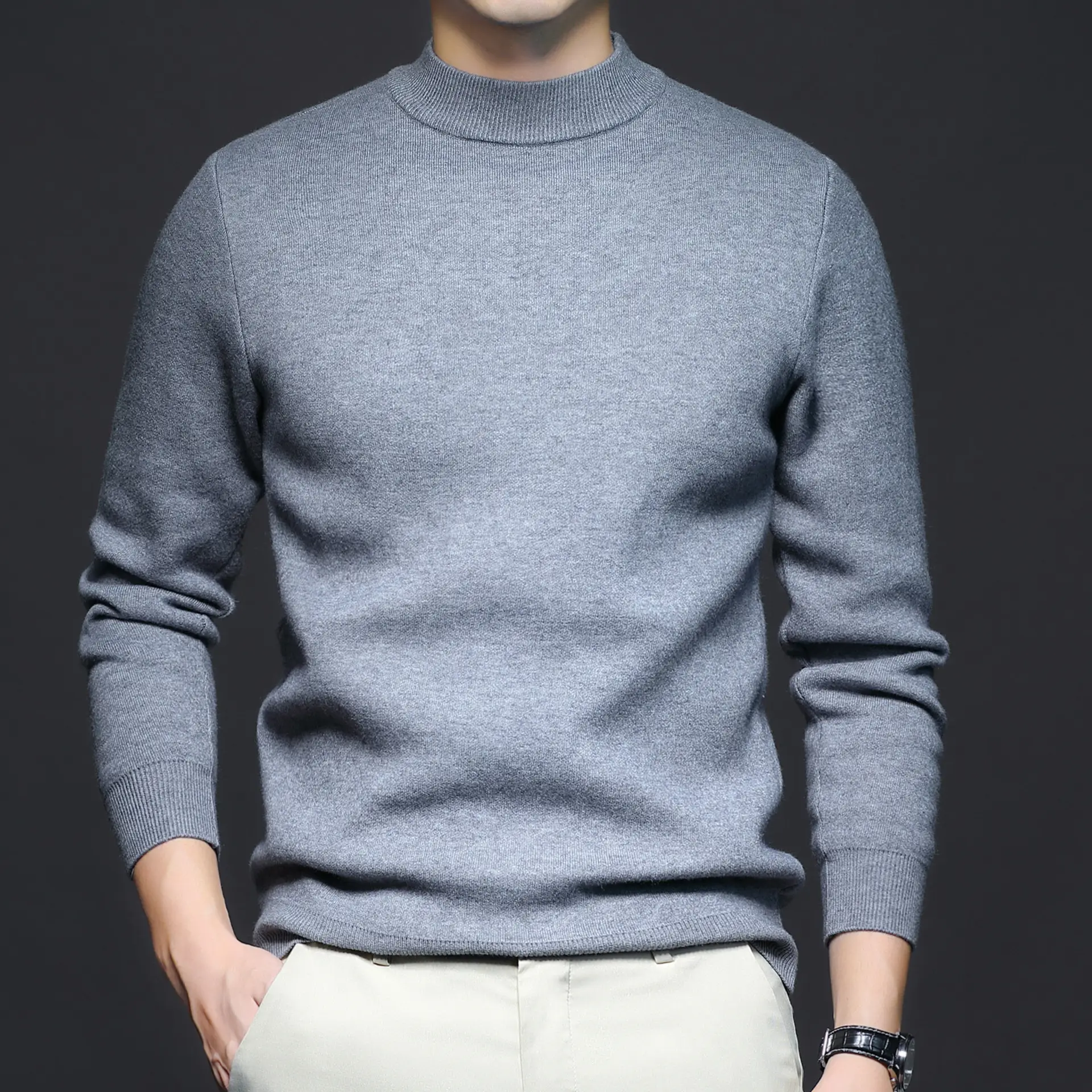 Men's Navy Slim Fit Semi-High Collar Sweater — feature 11