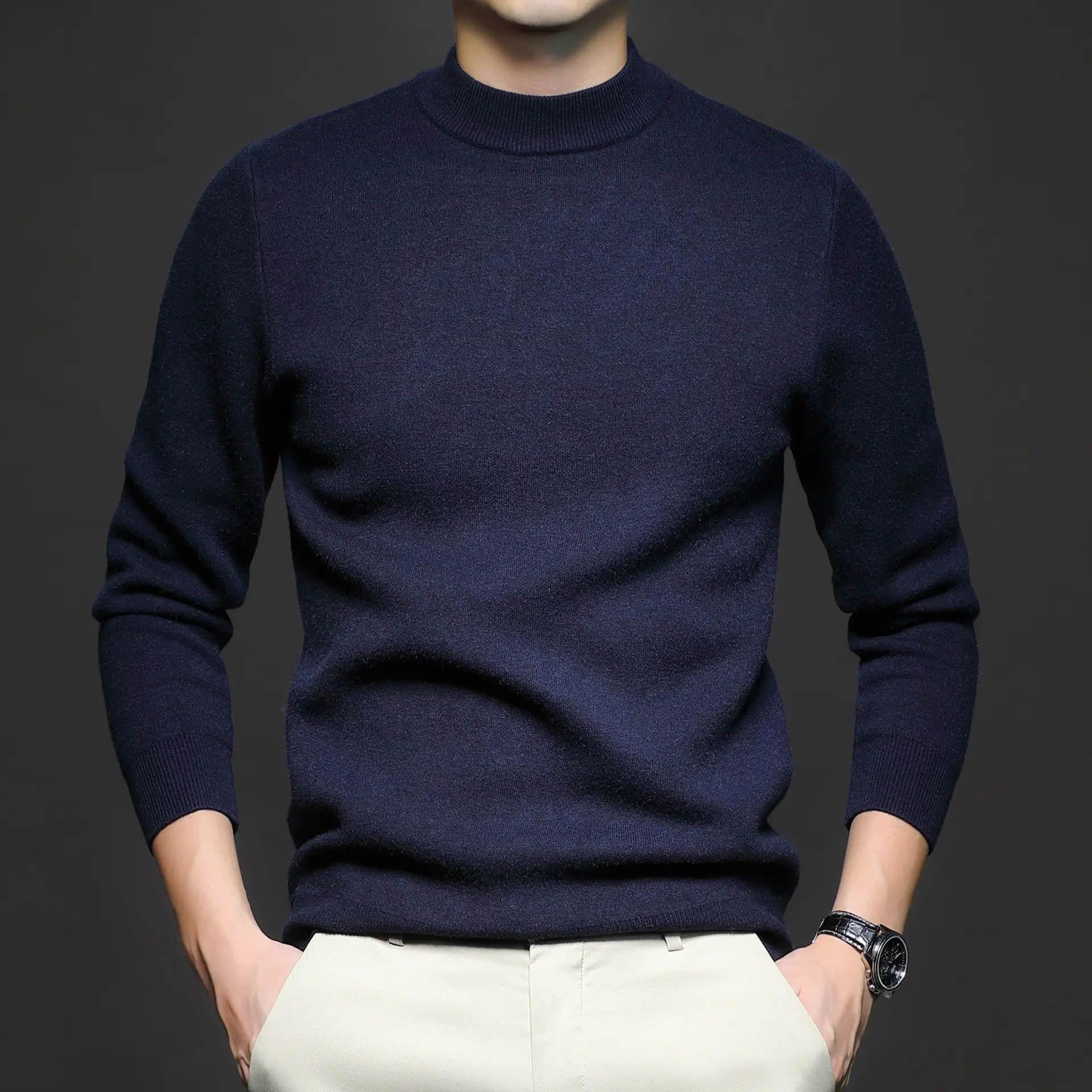 Men's Navy Slim Fit Semi-High Collar Sweater — feature 12