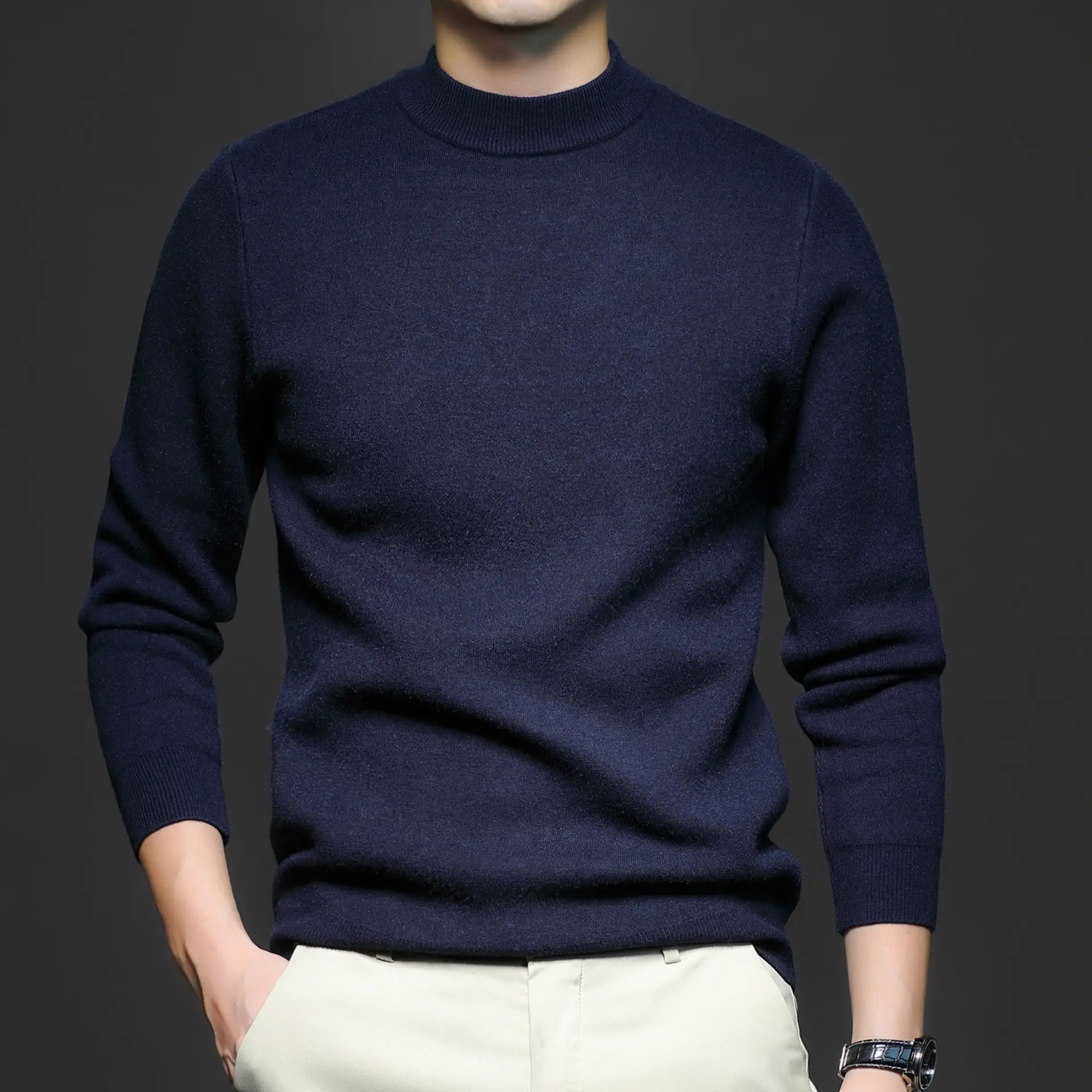 Men's Navy Slim Fit Semi-High Collar Sweater — feature 13
