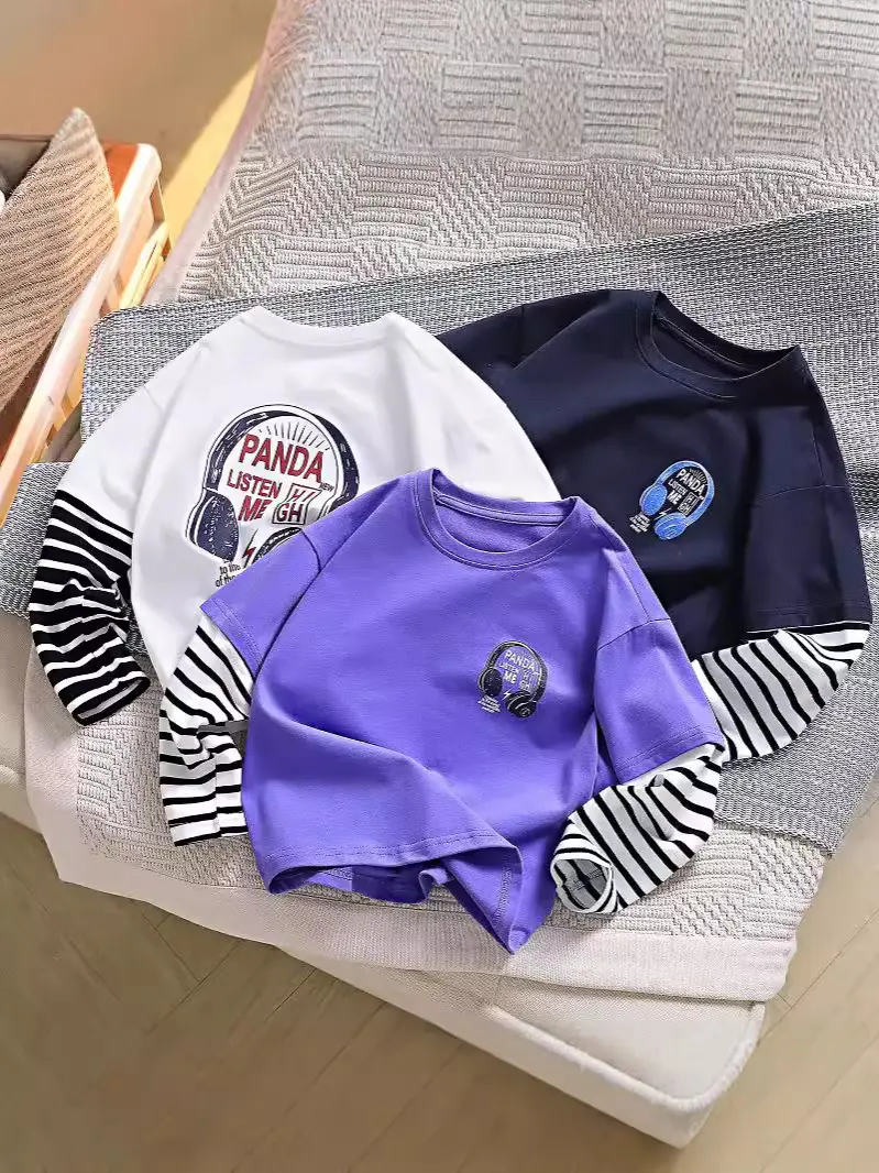 Kids White Striped Sleeve Top Medium Large Cotton Bottom
