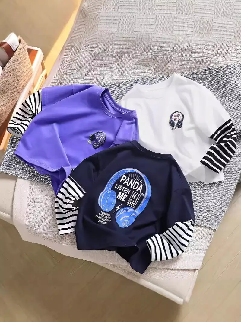 Kids White Striped Sleeve Top Medium Large Cotton Bottom