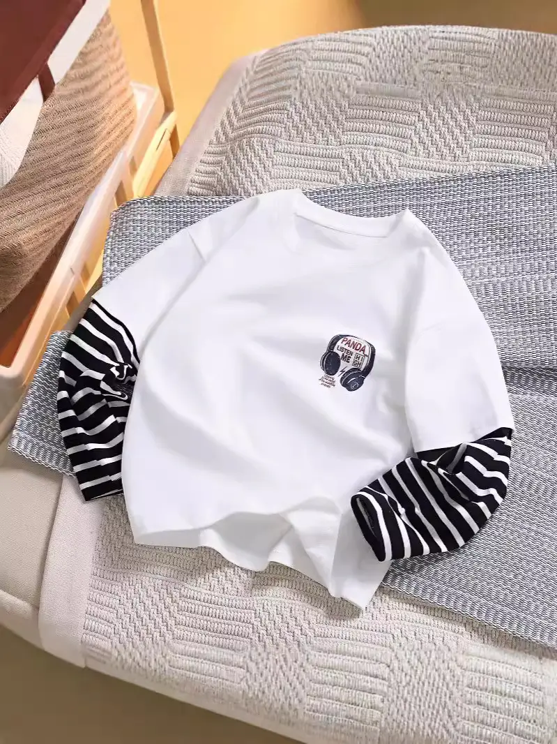 Kids White Striped Sleeve Top Medium Large Cotton Bottom
