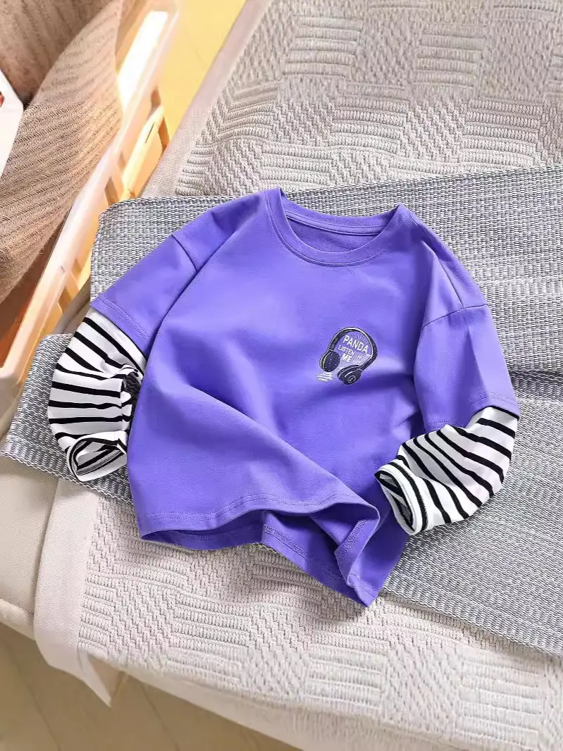 Kids White Striped Sleeve Top Medium Large Cotton Bottom