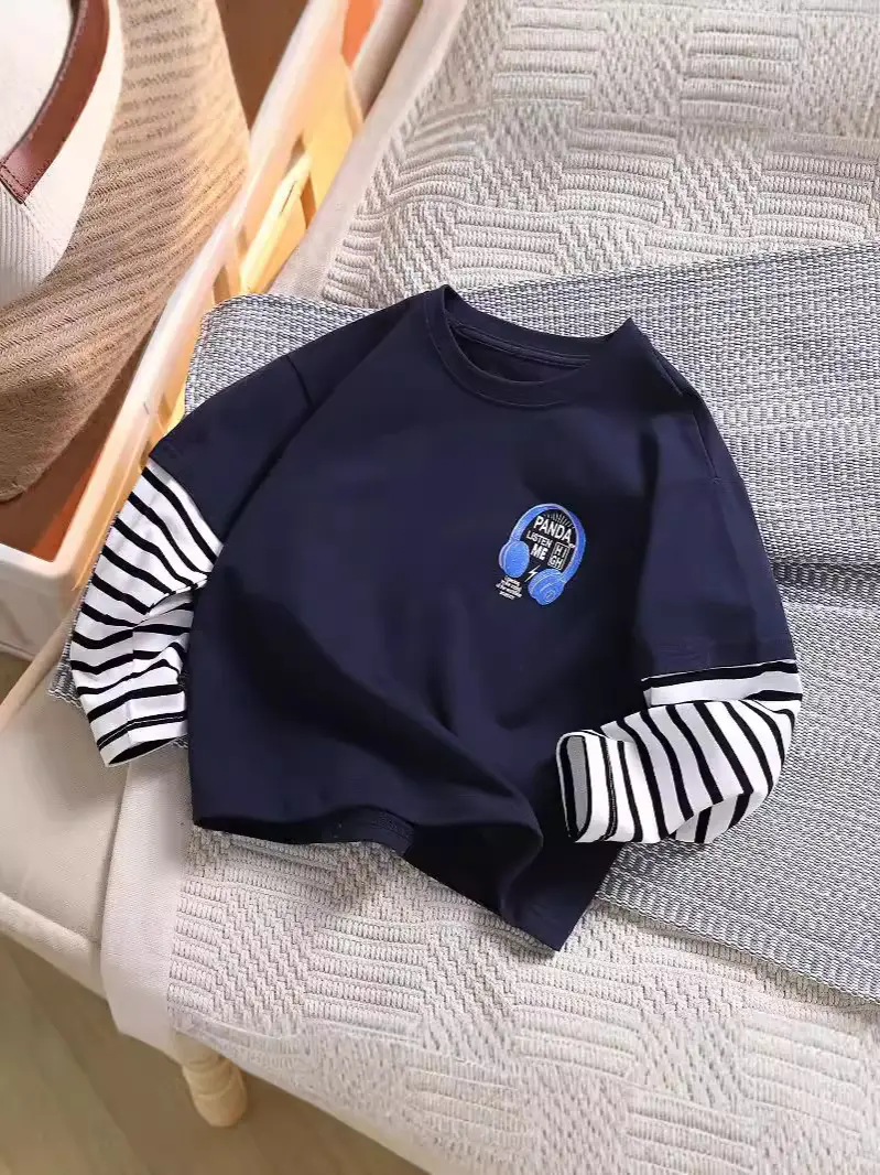 Kids White Striped Sleeve Top Medium Large Cotton Bottom