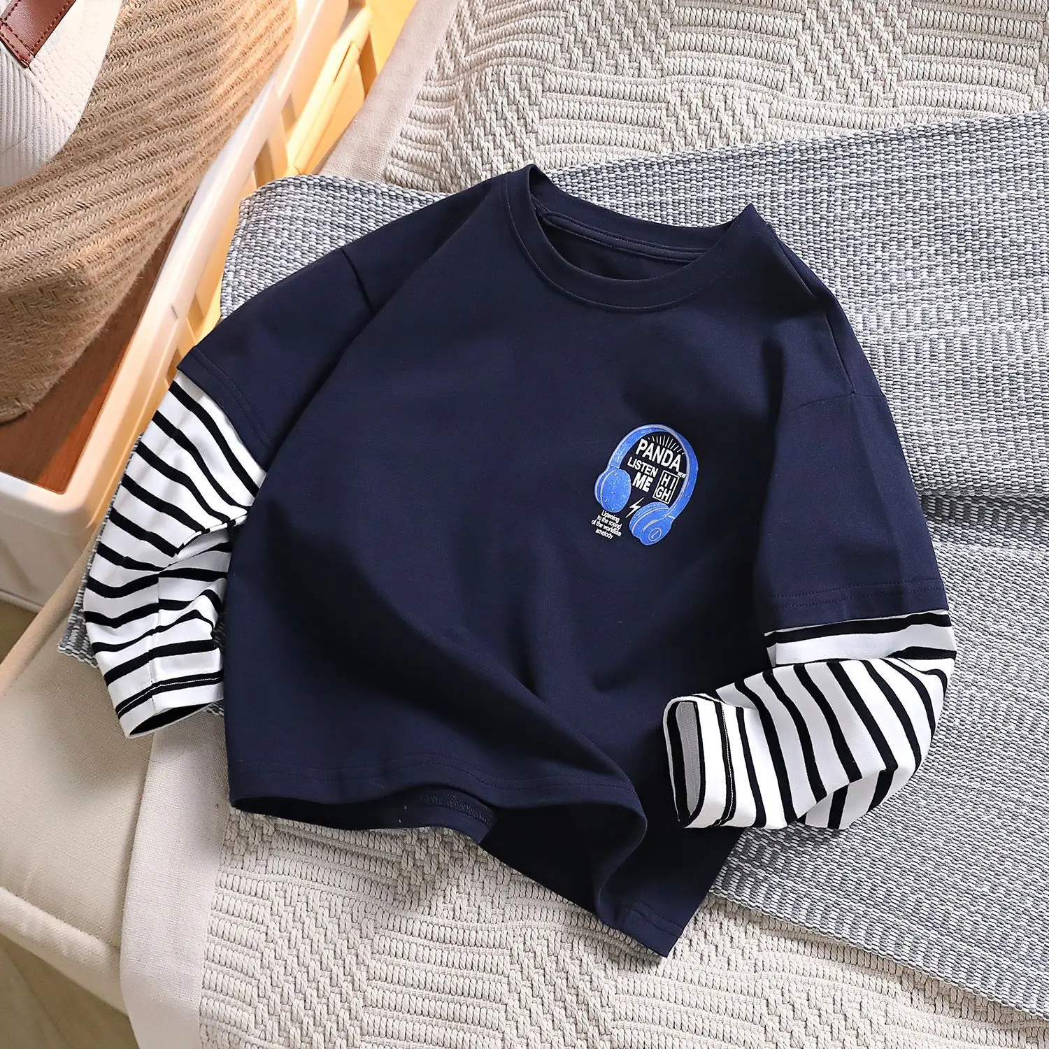 Kids White Striped Sleeve Top Medium Large Cotton Bottom
