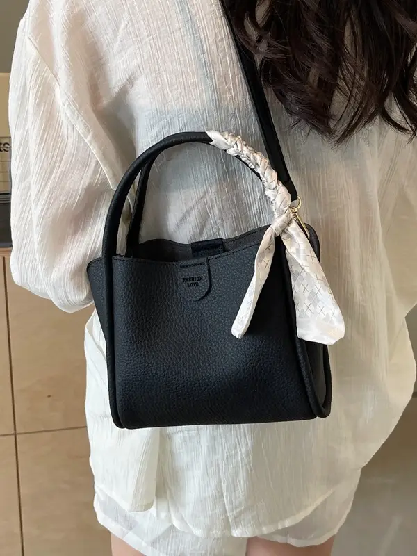 Black Leather Bucket Bag with Tassel for Women - Image 6