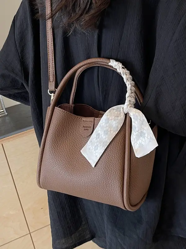Black Leather Bucket Bag with Tassel for Women - Image 8