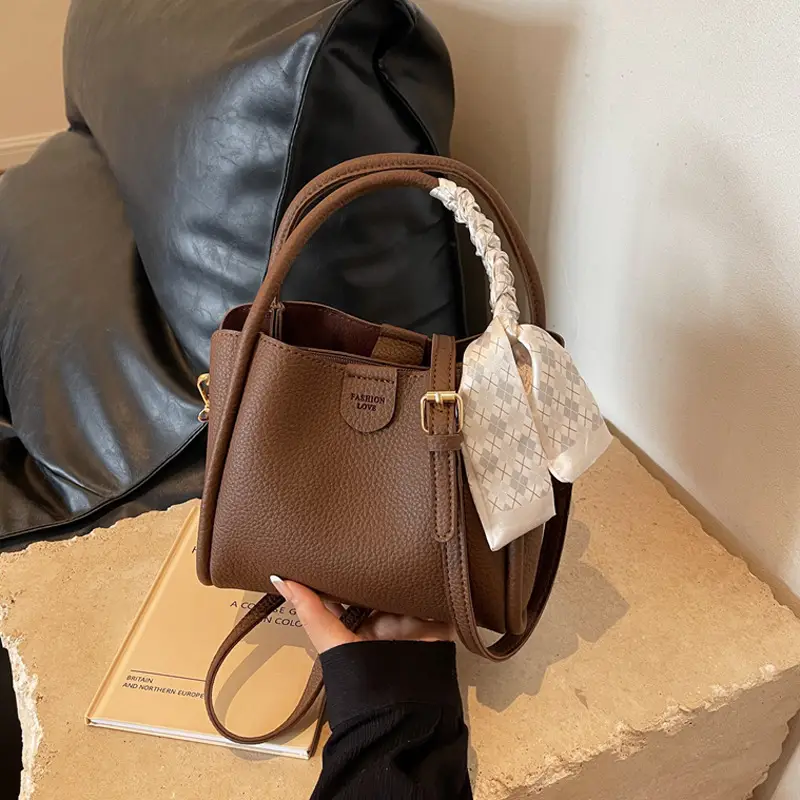 Black Leather Bucket Bag with Tassel for Women - Image 2