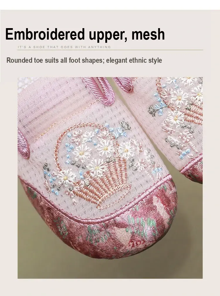 Close-up of embroidered basket-and-flower detail and printed toe panel.