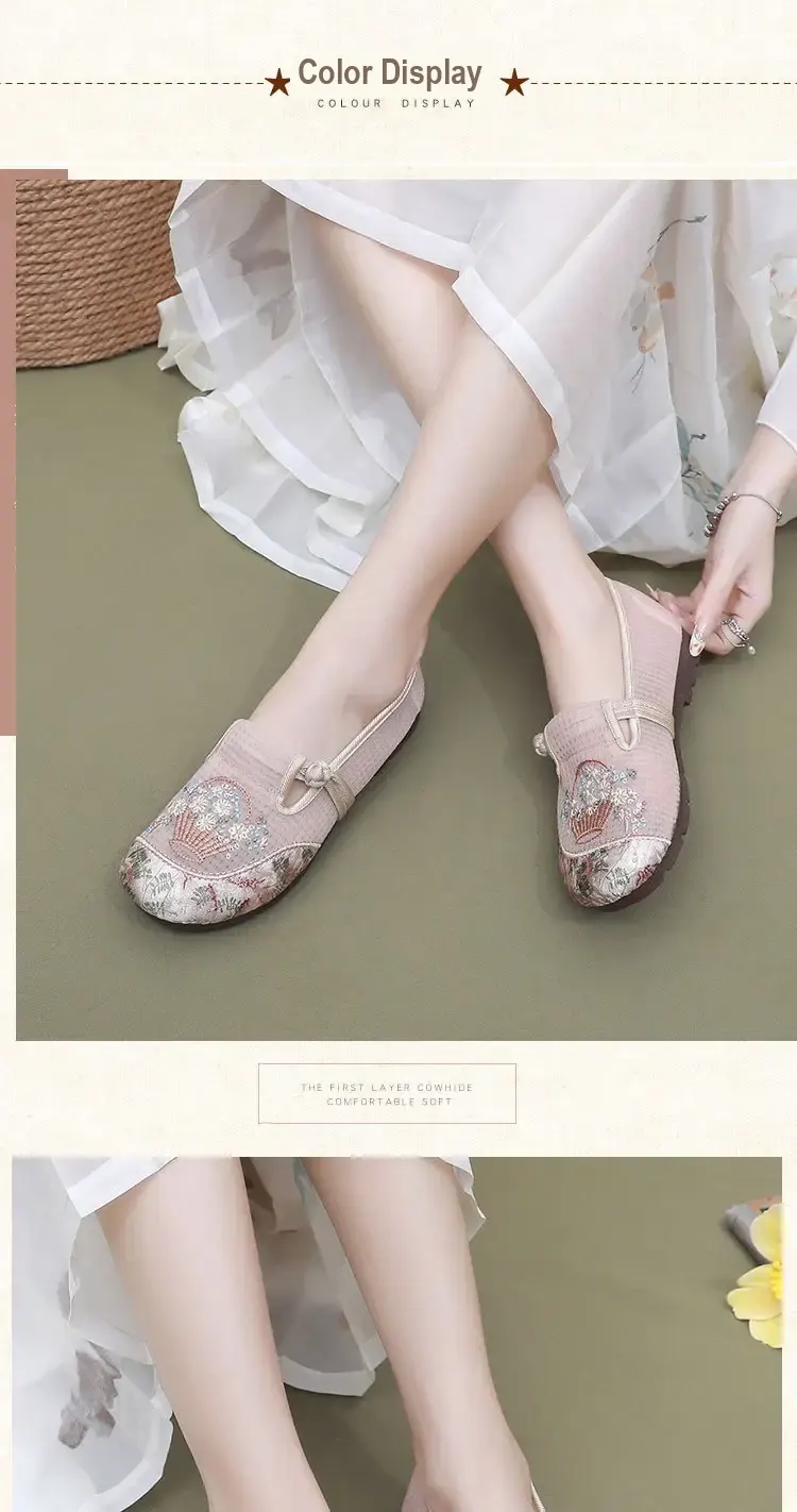 Model wearing off-white embroidered flats with patterned toes.