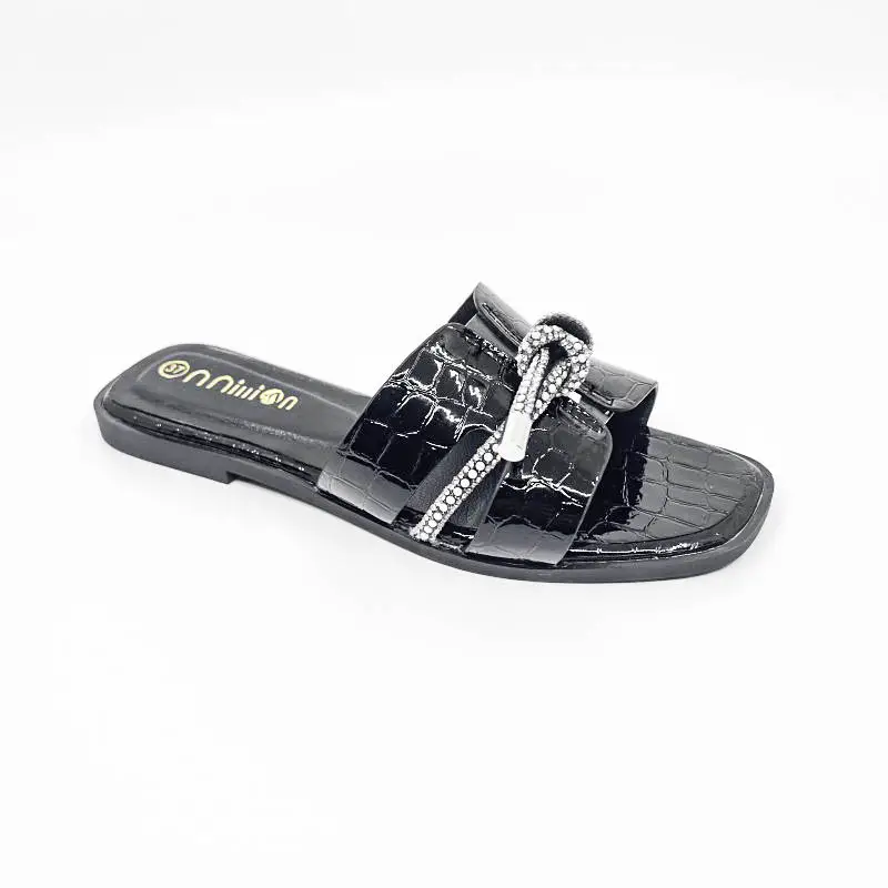 2025 Rhinestone Women's Black Flat Slippers
