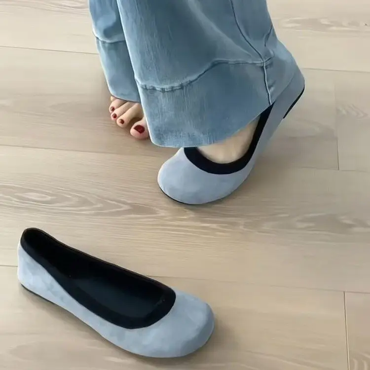Women Korean Suede Ballet Flats 2024 Light Blue