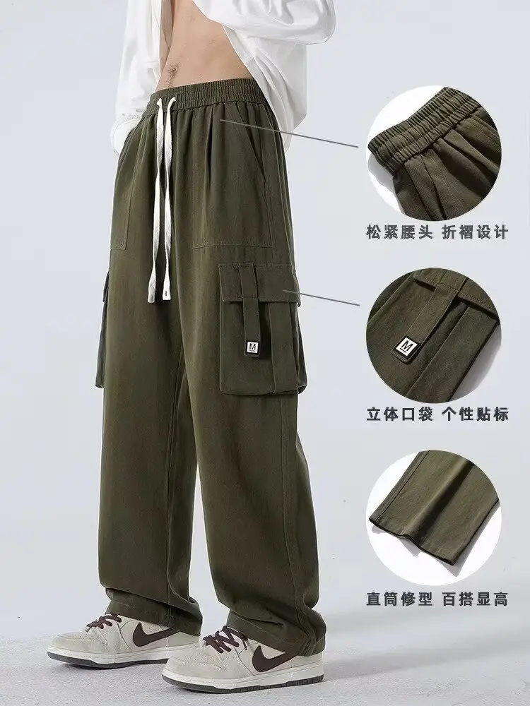 Men Green Cargo Pants Spring Summer Loose Straight Fit — feature 7