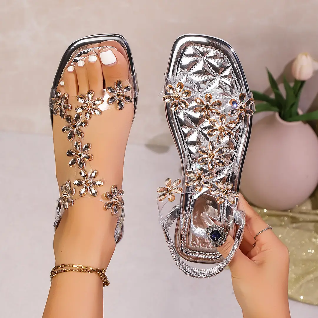 Square Head Flat Sandals 2025 New Summer Flower Flat Heel Fairy-style Transparent Belt Casual Soft Bottom All-match - Image 5