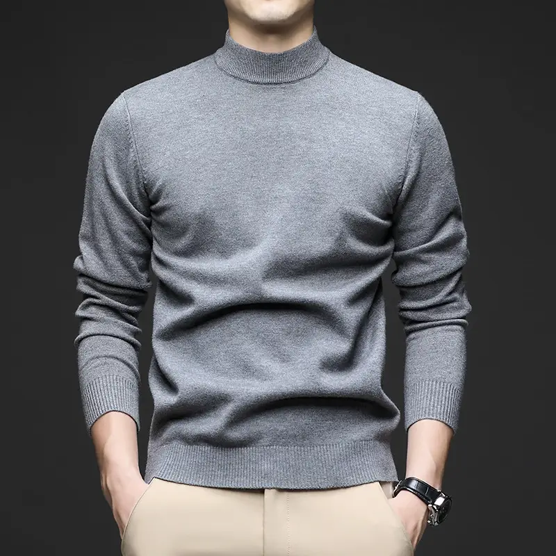 Men Navy Slim Fit Semi-High Collar Sweater - Image 4