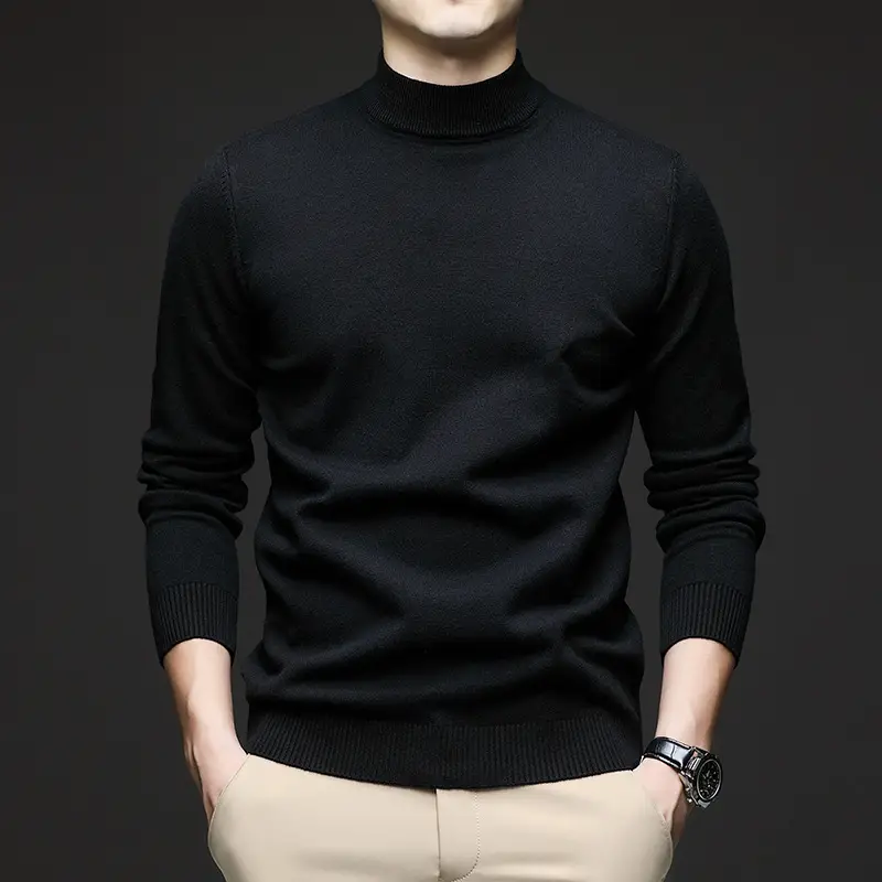 Men Navy Slim Fit Semi-High Collar Sweater - Image 3