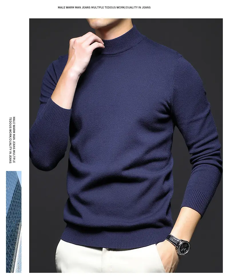 Men Navy Slim Fit Semi-High Collar Sweater — feature 16