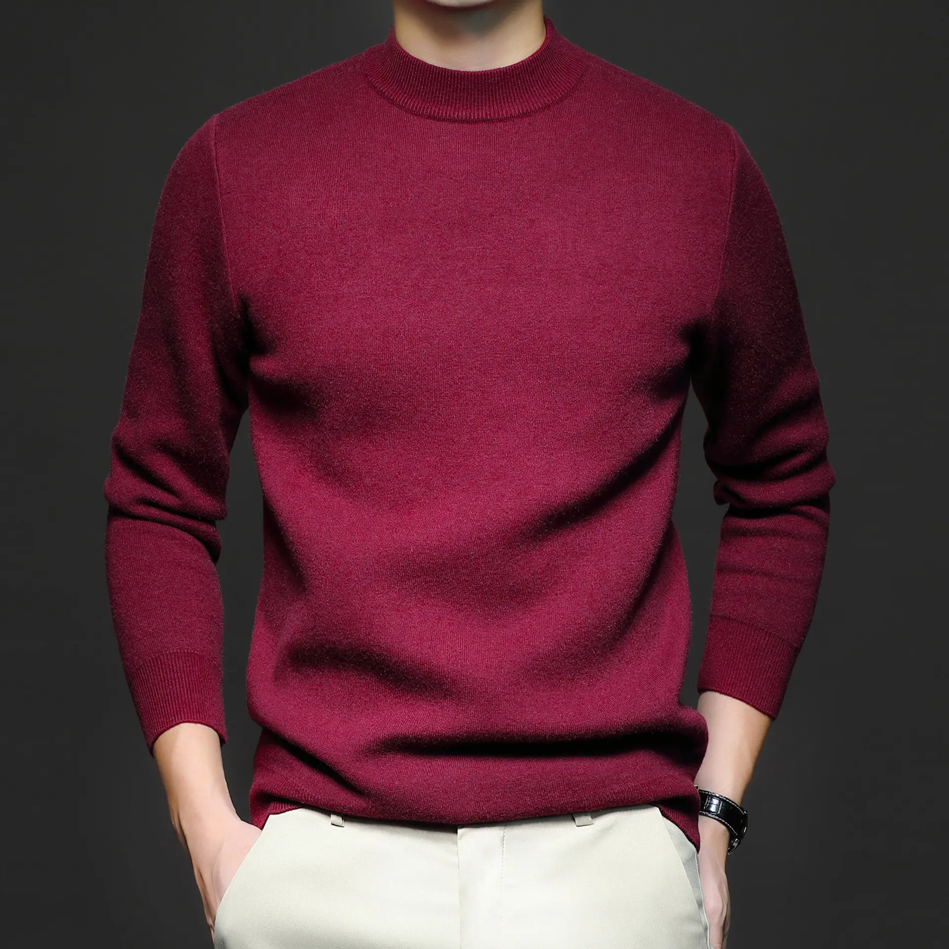 Men Navy Slim Fit Semi-High Collar Sweater — feature 7