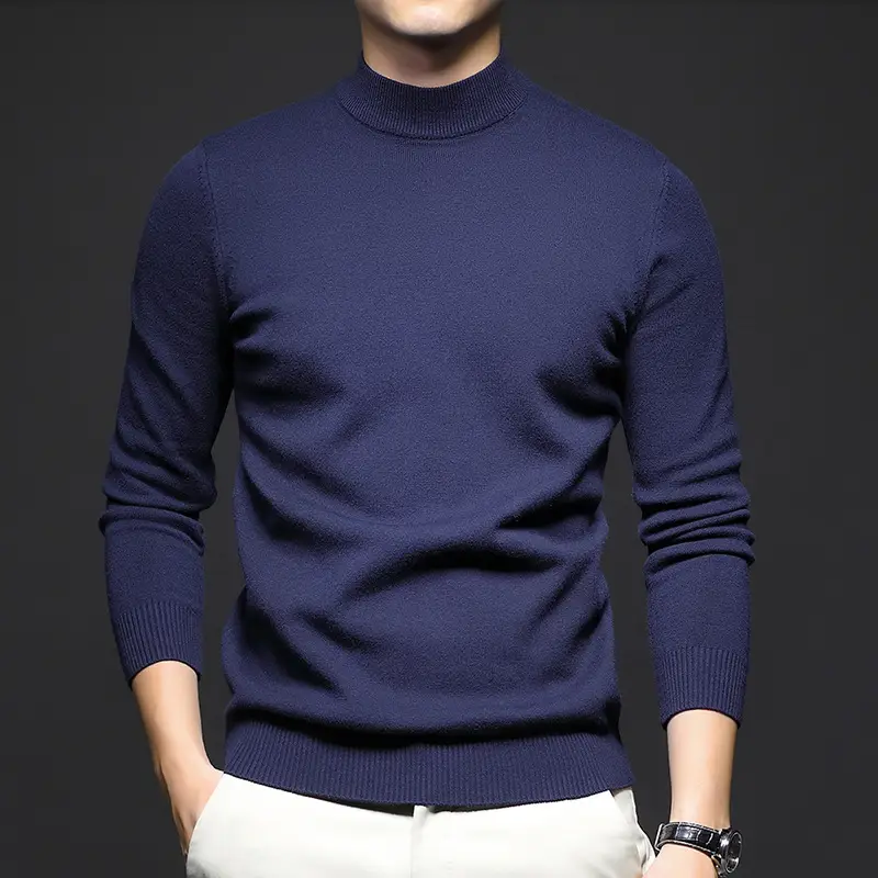 Men Navy Slim Fit Semi-High Collar Sweater - Image 5