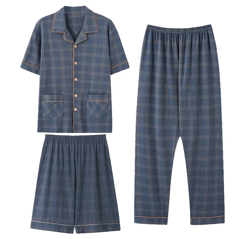 Men's 3-Piece Plaid Pajamas Set Blue - Image 6