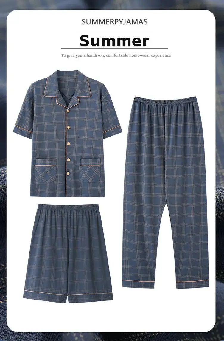 Men's 3-Piece Plaid Pajamas Set Blue — feature 2