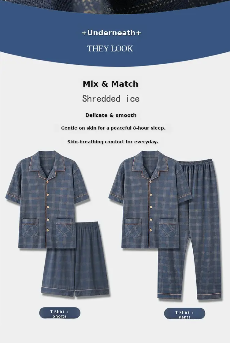 Men's 3-Piece Plaid Pajamas Set Blue — feature 3