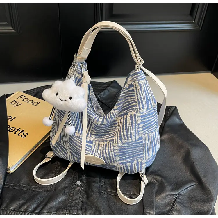 Women's Fashionable Striped Backpack with Cute Bear Charm — feature 10