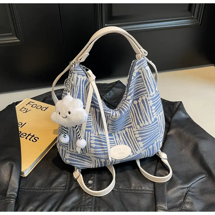 Women's Fashionable Striped Backpack with Cute Bear Charm — feature 11