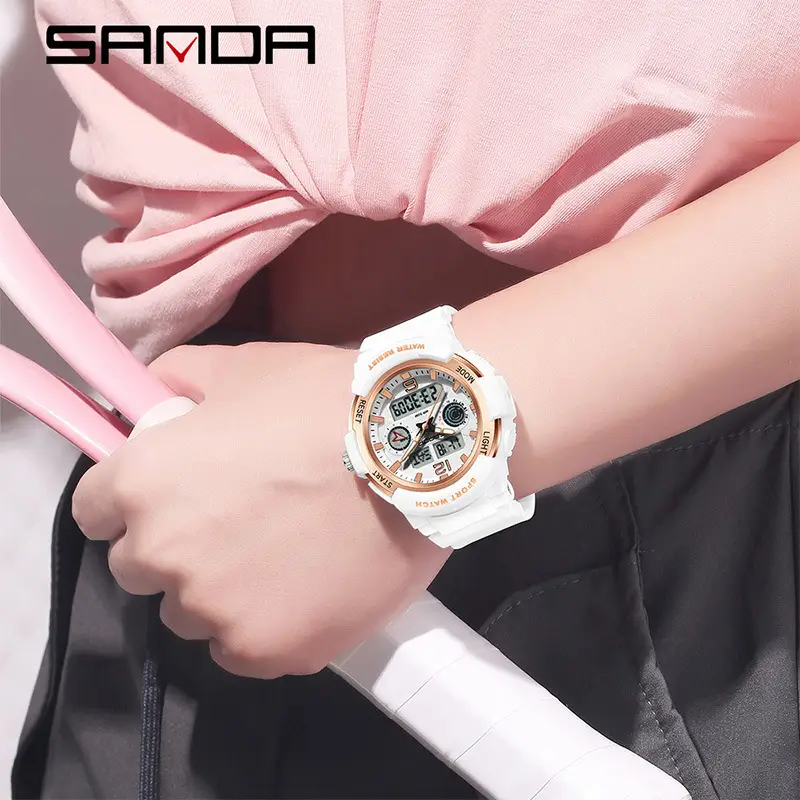 Sanda Sport Watch White Rose Gold 3-Time Zone Waterproof
