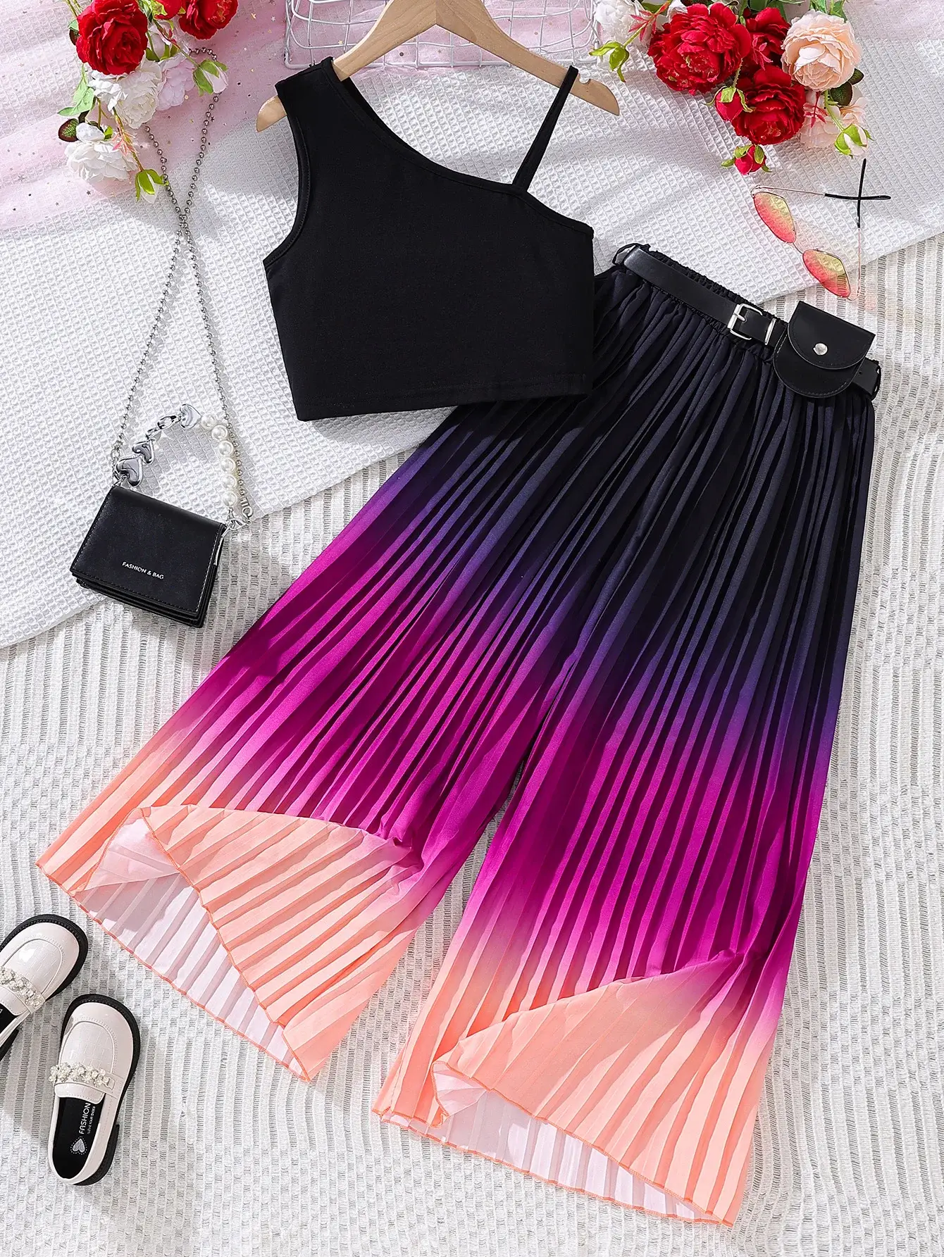 Black Pleated Summer Camisole Set Medium Large Kids — feature 2