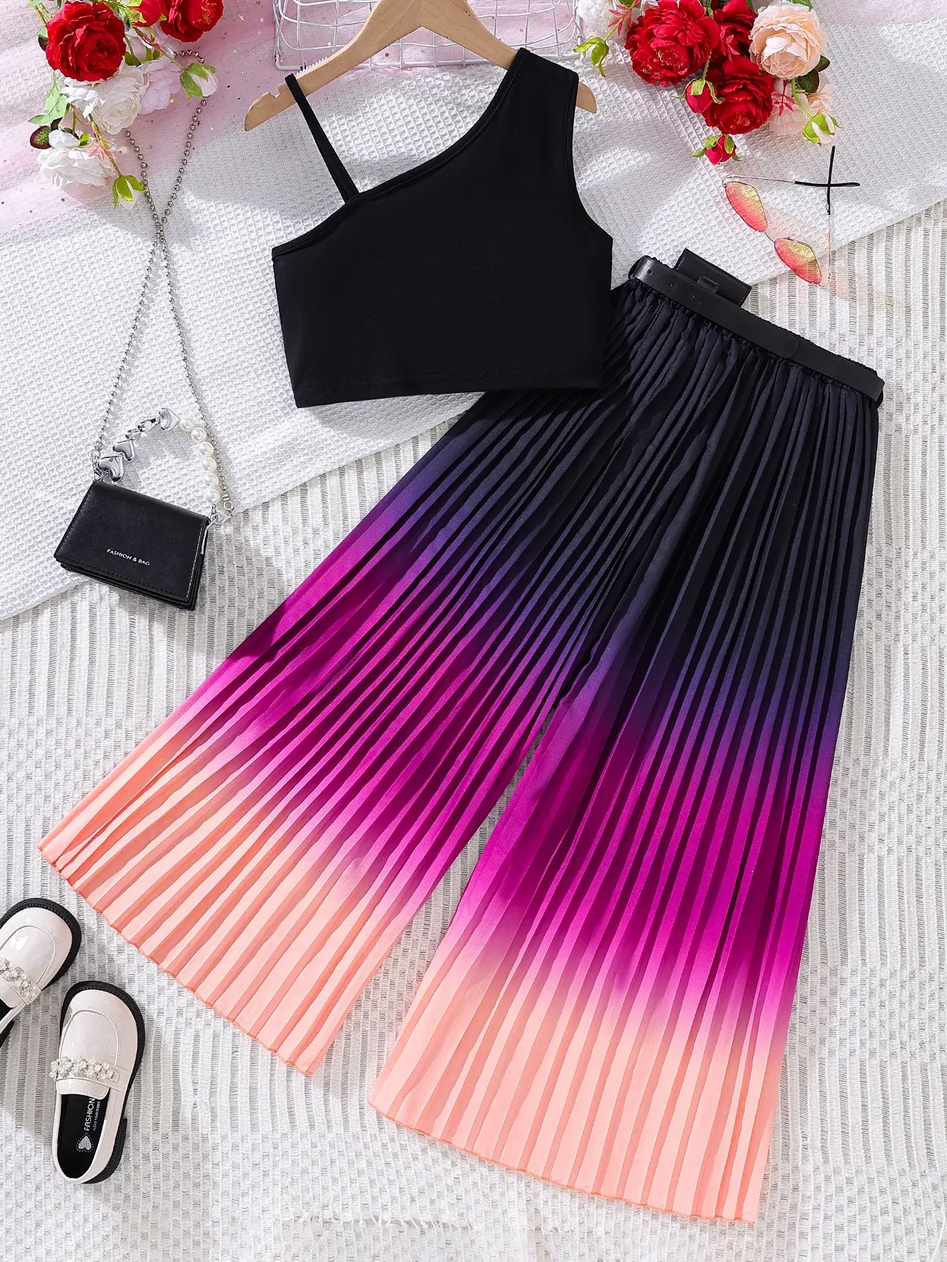 Black Pleated Summer Camisole Set Medium Large Kids — feature 3
