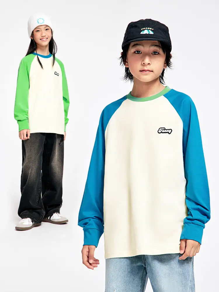 Kids Color Matching Raglan Sleeve T-Shirt Green Cream - Image 5